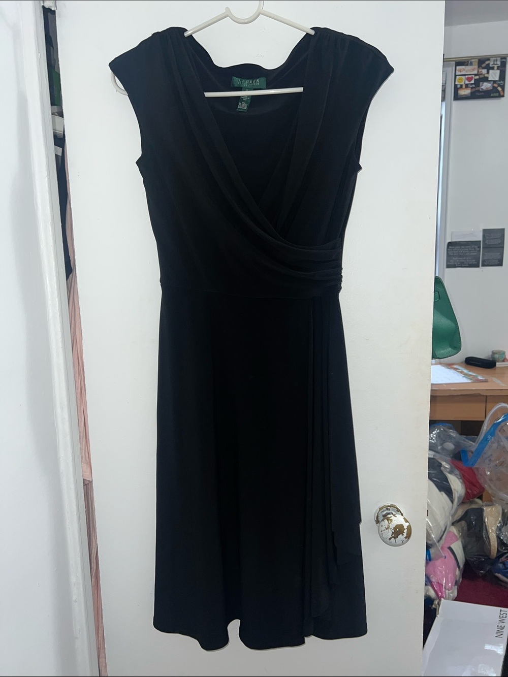 Lauren Ralph Lauren Black Faux-Wrap Cap Sleeve Midi Dress